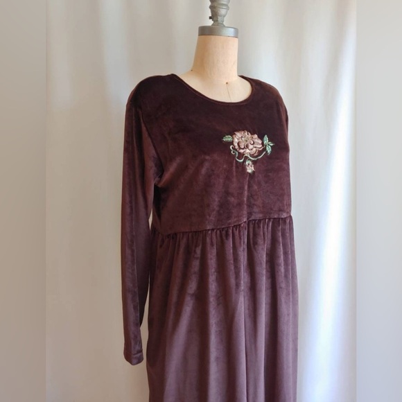 Vintage 90s Velveteen Babydoll Midi Dress Brown Embroidered Fairy Grunge Large - Picture 3 of 12